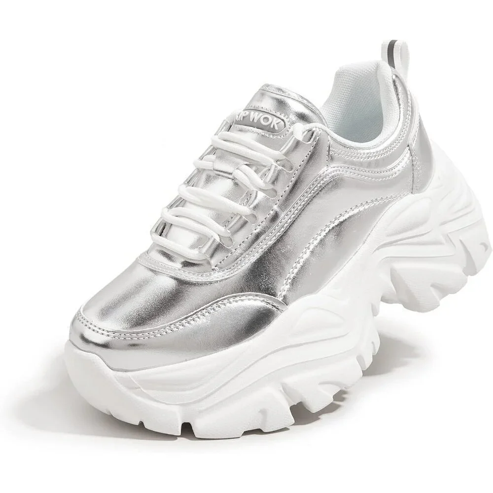 Women Leather Silver Comfortable Wedge Walking Sport Sneakers Shoes